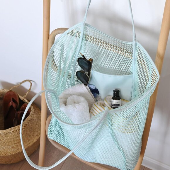 Women's Ice Blue Mesh Beach Nylon & Polyester No-closure Tote Shoulder Handbag - Picture 5 of 7